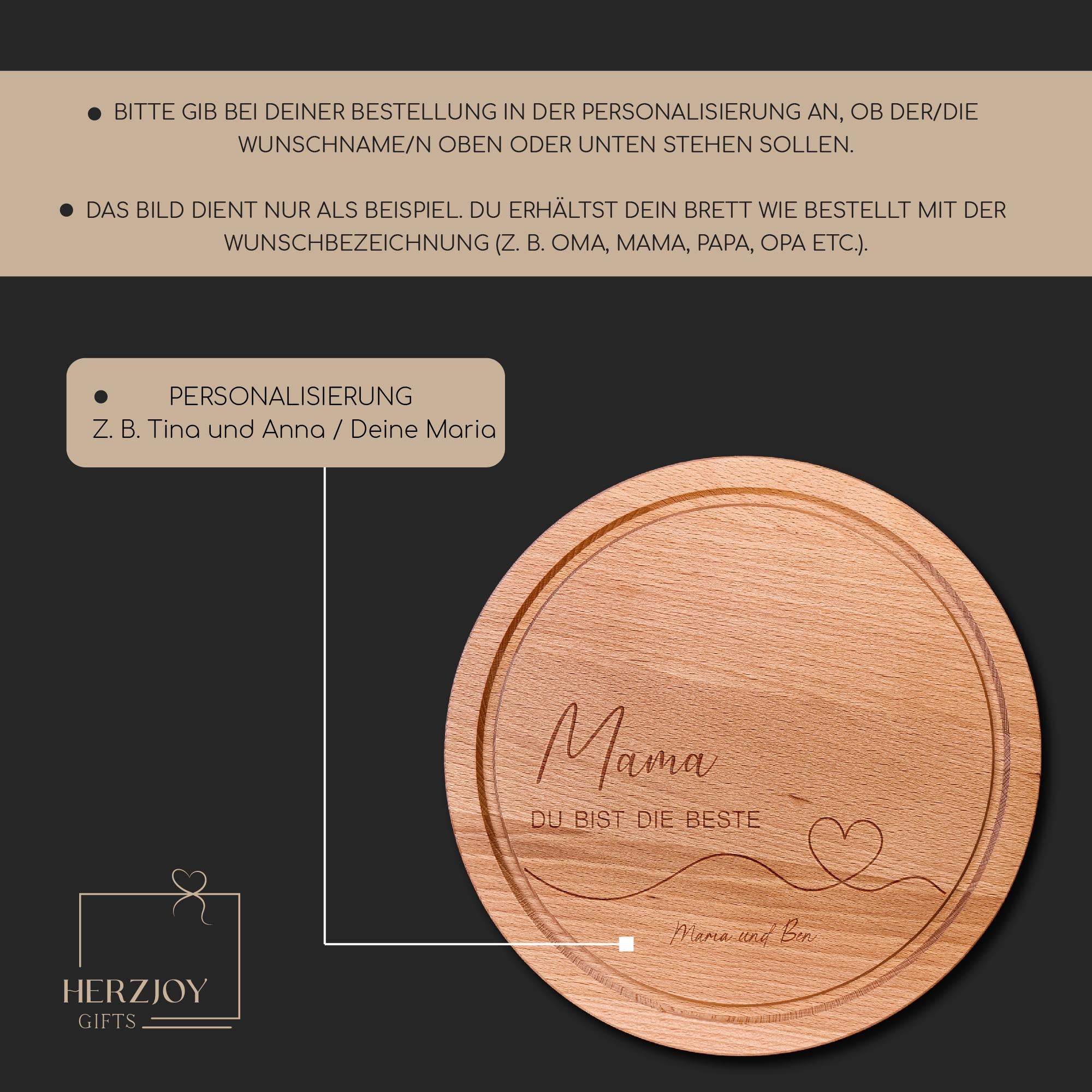 Rundes personalisiertes Schneide- und Servierbrett für Mama, graviert mit individuellem Namen oder kurzem Spruch, perfekt als Geburtstagsgeschenk oder Muttertagsgeschenk, aus hochwertigem Holz gefertigt, stilvolle und praktische Geschenkidee, ideal für Frühstück, Brotzeit, Snacks oder als dekoratives Küchenaccessoire, persönliche Aufmerksamkeit für Lieblingsmensch, Oma oder Mama.