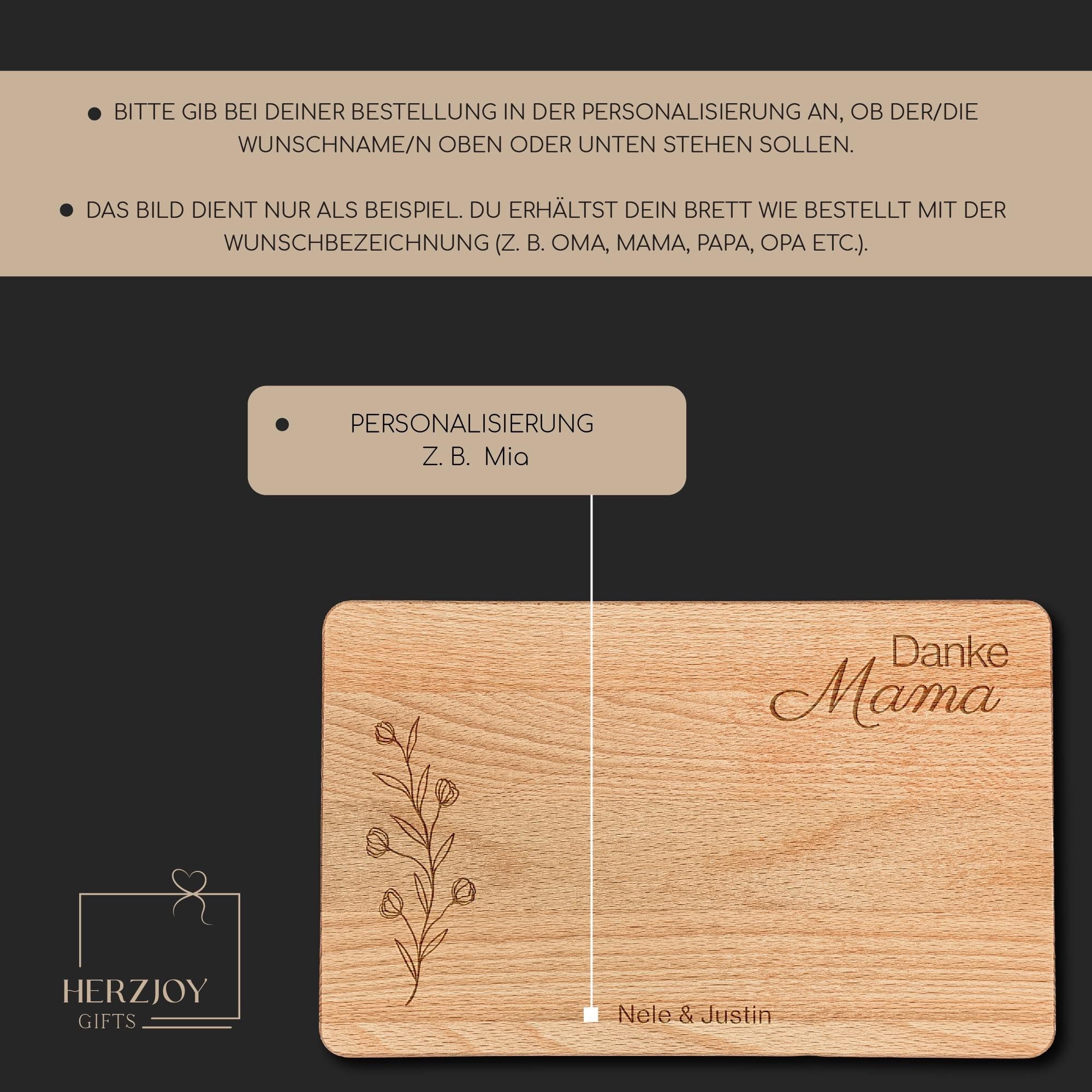 Holzbrett personalisiert als Frühstücksbrettchen oder Servierbrett, liebevoll graviert für Mama oder Oma, einzigartiges Geschenk für besondere Anlässe wie Muttertag oder Geburtstag, personalisierbar mit Namen, kurzer Botschaft oder liebevollem Spruch, dekorativ und praktisch, ideal zum Servieren von Frühstück, Snacks, Süßigkeiten oder kleinen Leckereien, hochwertige Geschenkidee für Frauen.