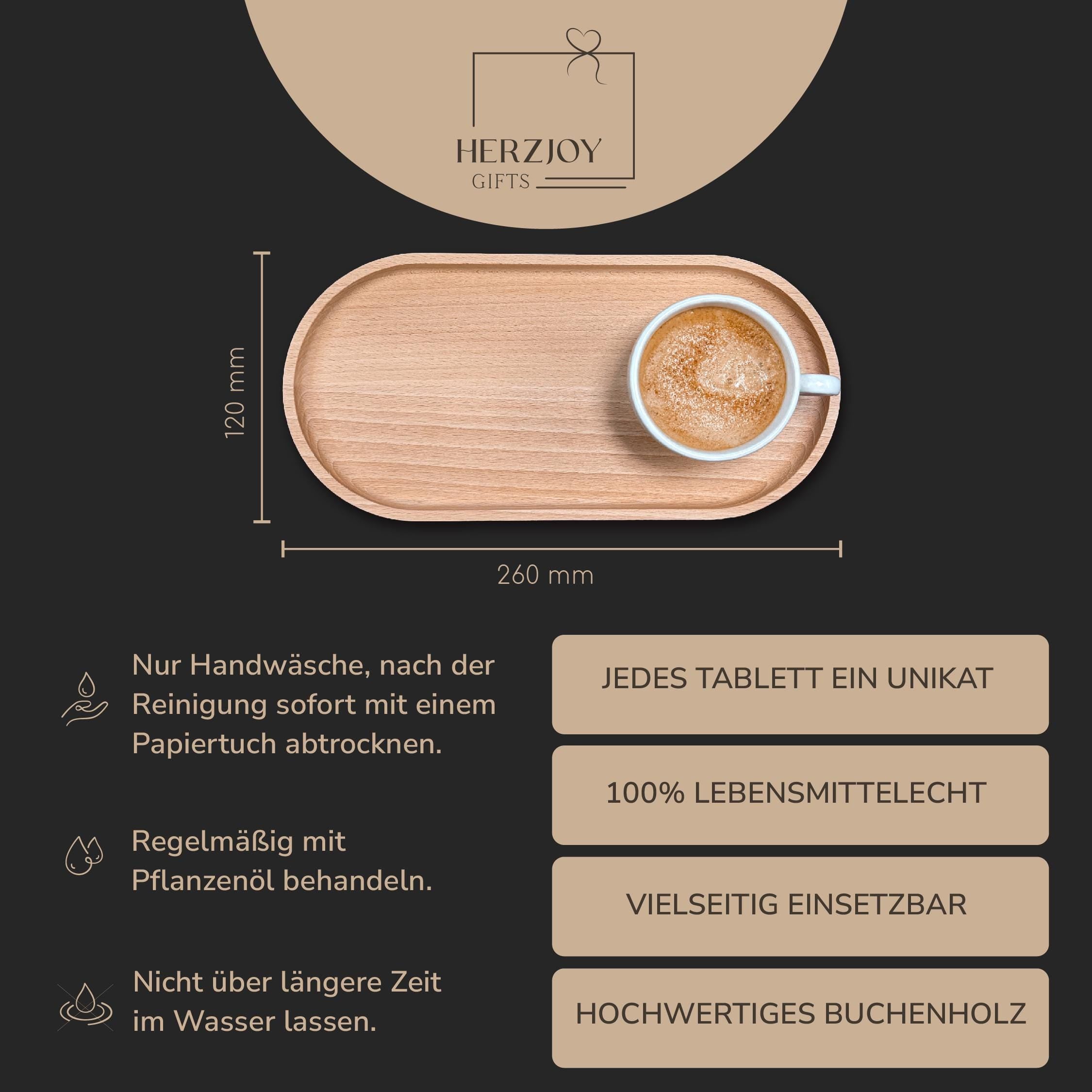 Handgefertigtes Buchenholz-Tablett mit Hartwachs-Beschichtung, das als personalisiertes Geschenk für jede Gelegenheit, wie Geburtstagsfeiern oder Ostern, eine schöne Wahl darstellt. Es eignet sich hervorragend für Snacks, Drinks oder als schickes Dekorationsstück.