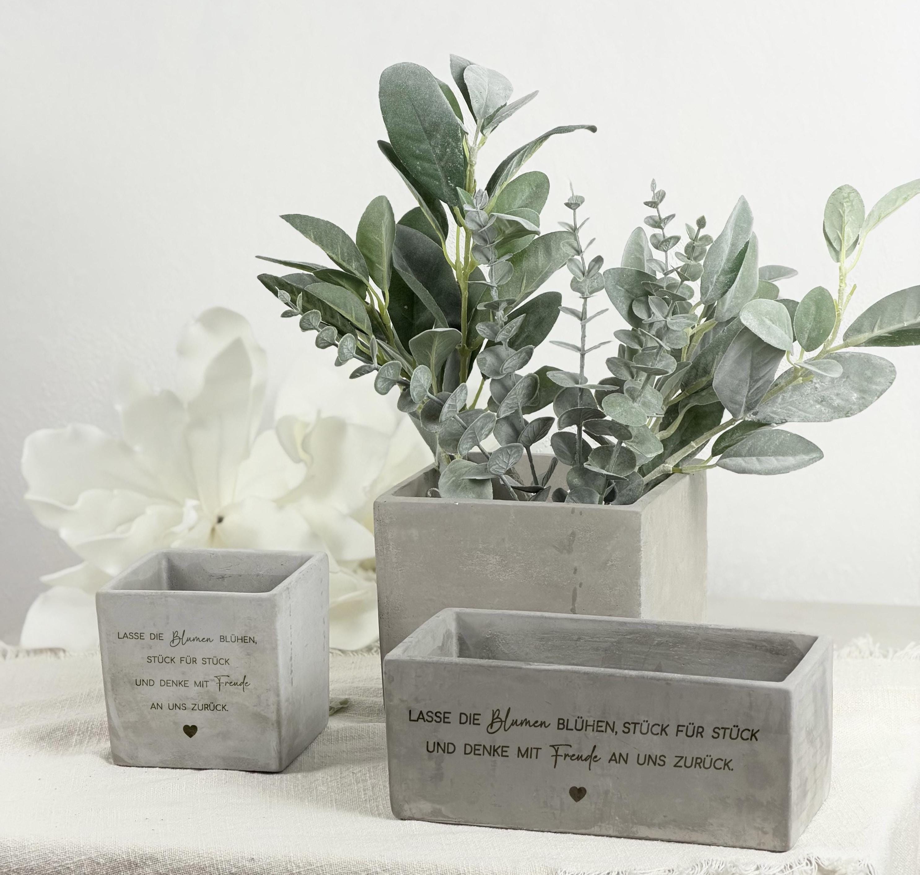 Foto eines modernen personalisierten Blumentopfs mit herzlichem Dankes-Spruch für Lehrerin oder Erzieherin. Perfekt als Geschenk zum Kita-Abschied, Schulende oder Weihnachten. Hergestellt aus langlebiger Keramik in Betonoptik. Ideal zur Dekoration von Schreibtisch, Klassenzimmer oder Zuhause. Schönes, emotionales Erinnerungsstück.