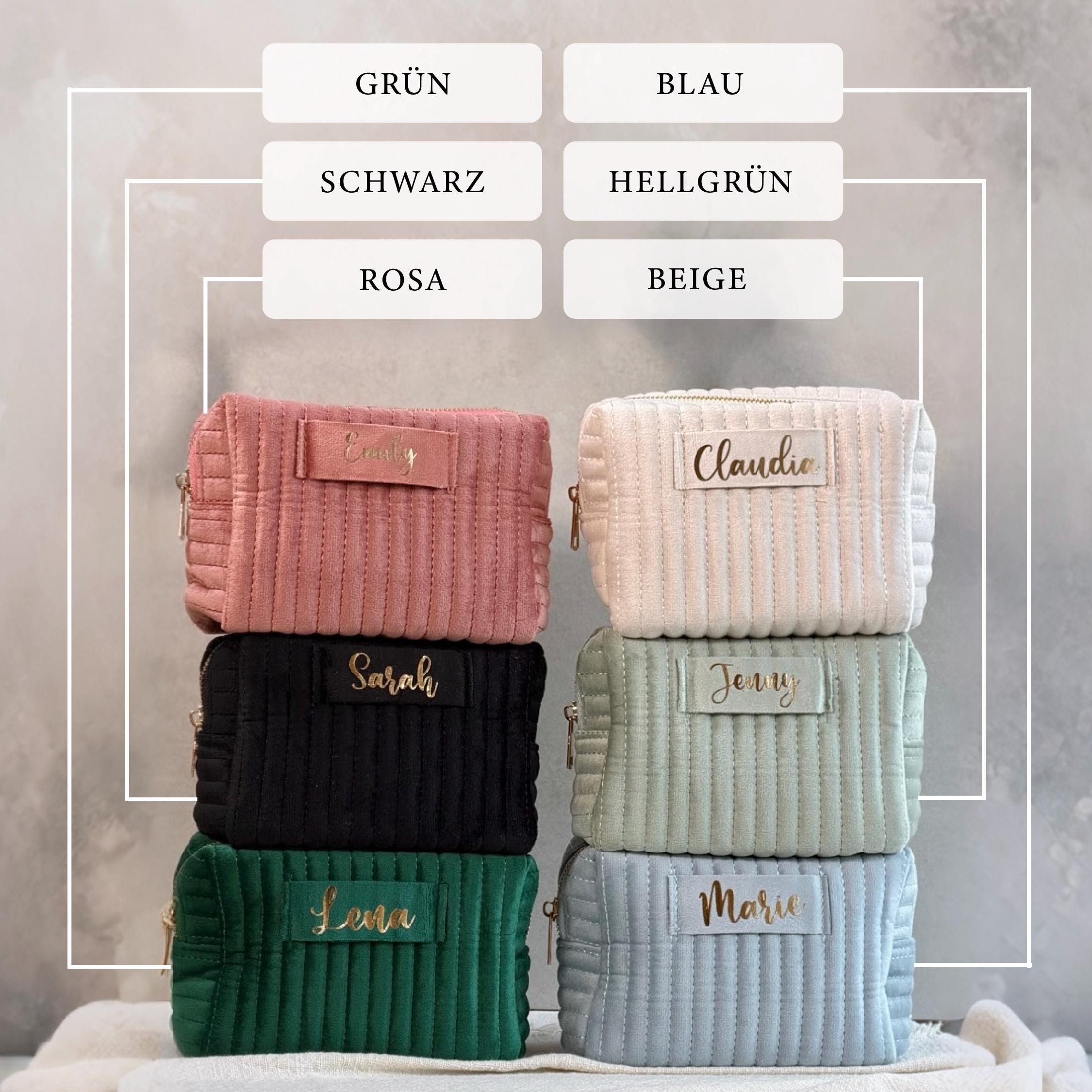 Elegante Reise-Kulturtasche für Damen, personalisiert mit Namensstickerei. Aus weichem Samt gefertigt, ideal zur Aufbewahrung von Make-up, Hautpflege und Accessoires. Ein durchdachtes personalisierbares Geschenk für Mama, Freundin oder Brautjungfer – passend für jeden besonderen Anlass oder Feiertag.