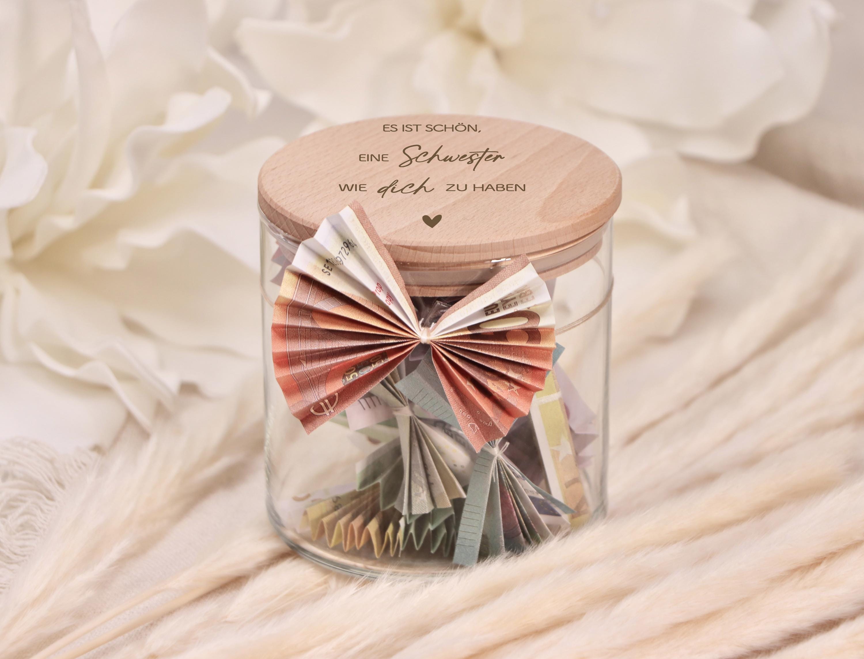 Graviertes Vorratsglas als persönliches Geschenk für Schwester, stilvolle Geschenkidee für Frauen, ideal als Geburtstagsgeschenk, Oster- oder Weihnachtsgeschenk