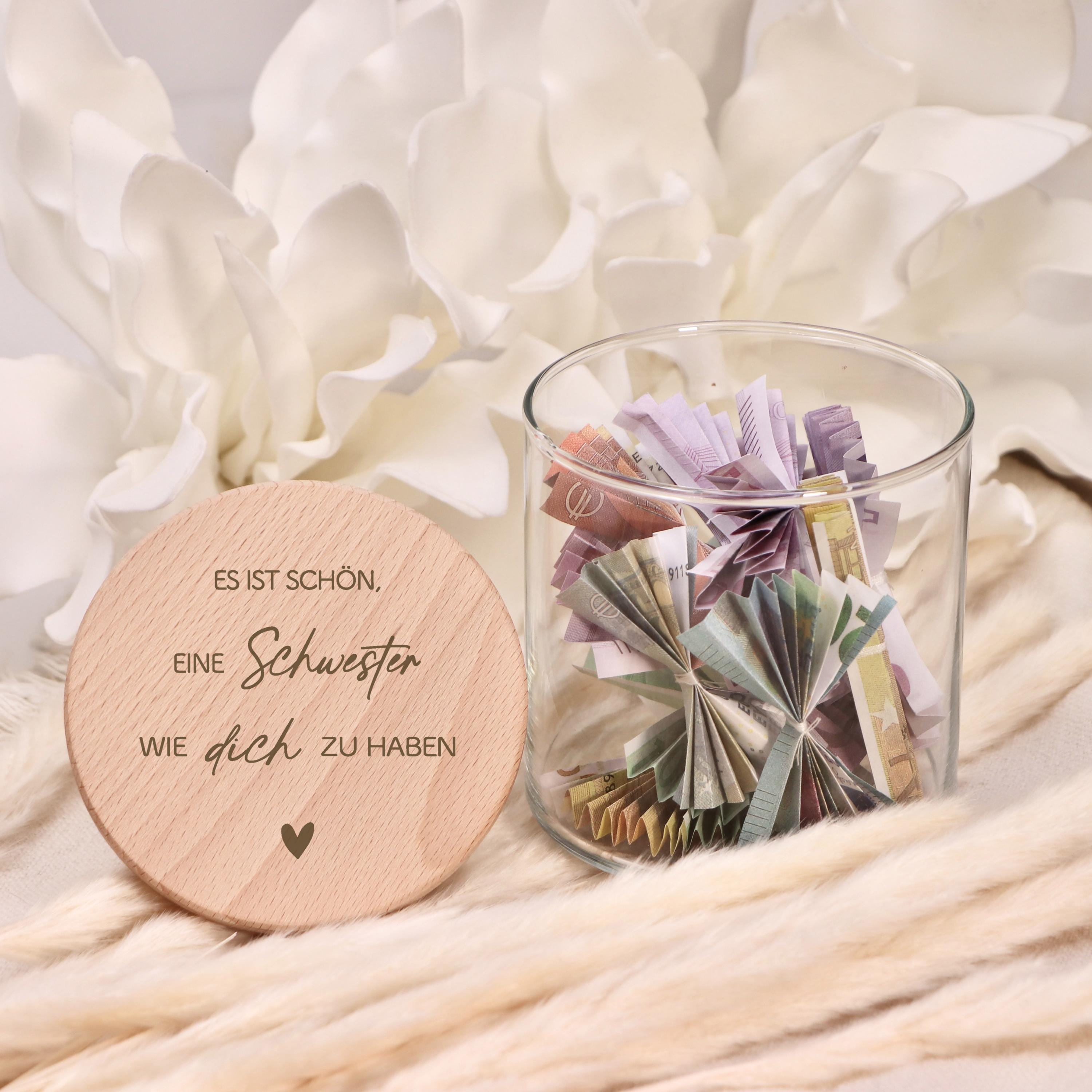 Personalisiertes Vorratsglas mit Namen als liebevolles Geschenk für Schwester, dekoratives Glas für Küche, Geschenkidee Geburtstag für Frauen, individuelles Geschenk mit Gravur, perfekt für Weihnachten oder Ostern