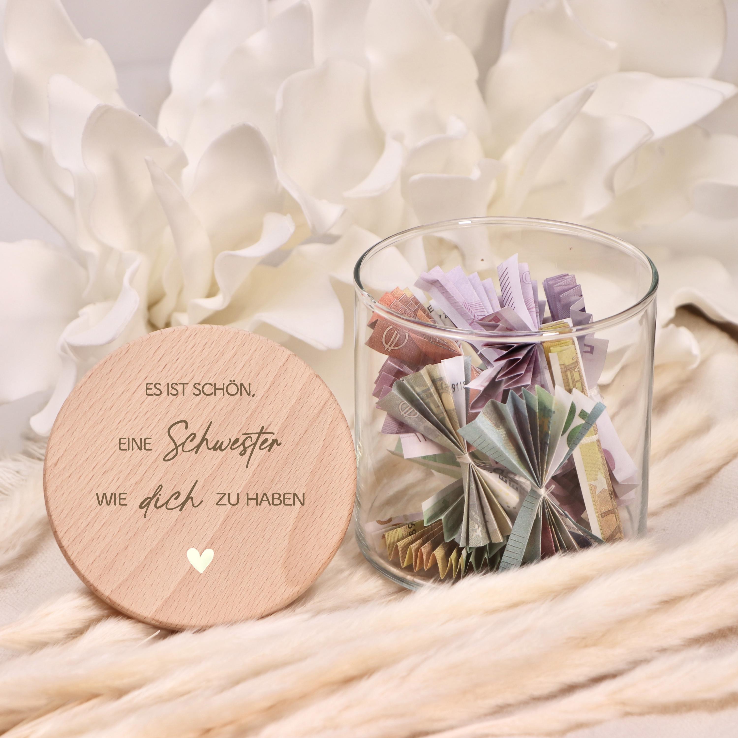 Individuell graviertes Vorratsglas für Schwesterherz, stilvolles personalisiertes Geschenk für Frauen, Geburtstagsgeschenk Schwester, dekoratives Glas als besondere Geschenkidee