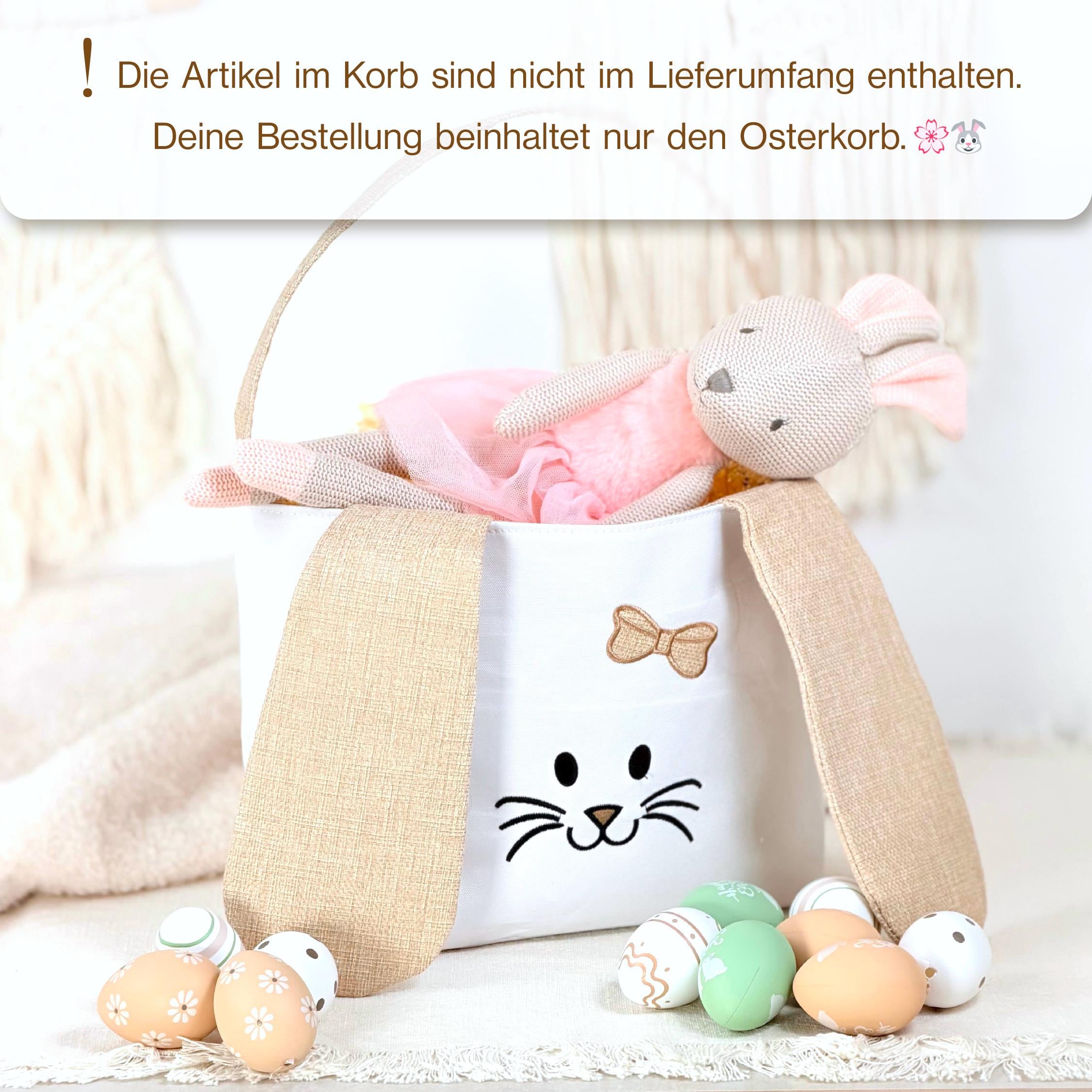 Personalisiertes Osterkörbchen mit hochwertigem Druck und niedlichen Hasenohren. Perfekt als Geschenk für Kinder zu Ostern, als Osterkorb mit Namen für Junge oder Mädchen und als liebevolle Überraschung zur Eiersuche.