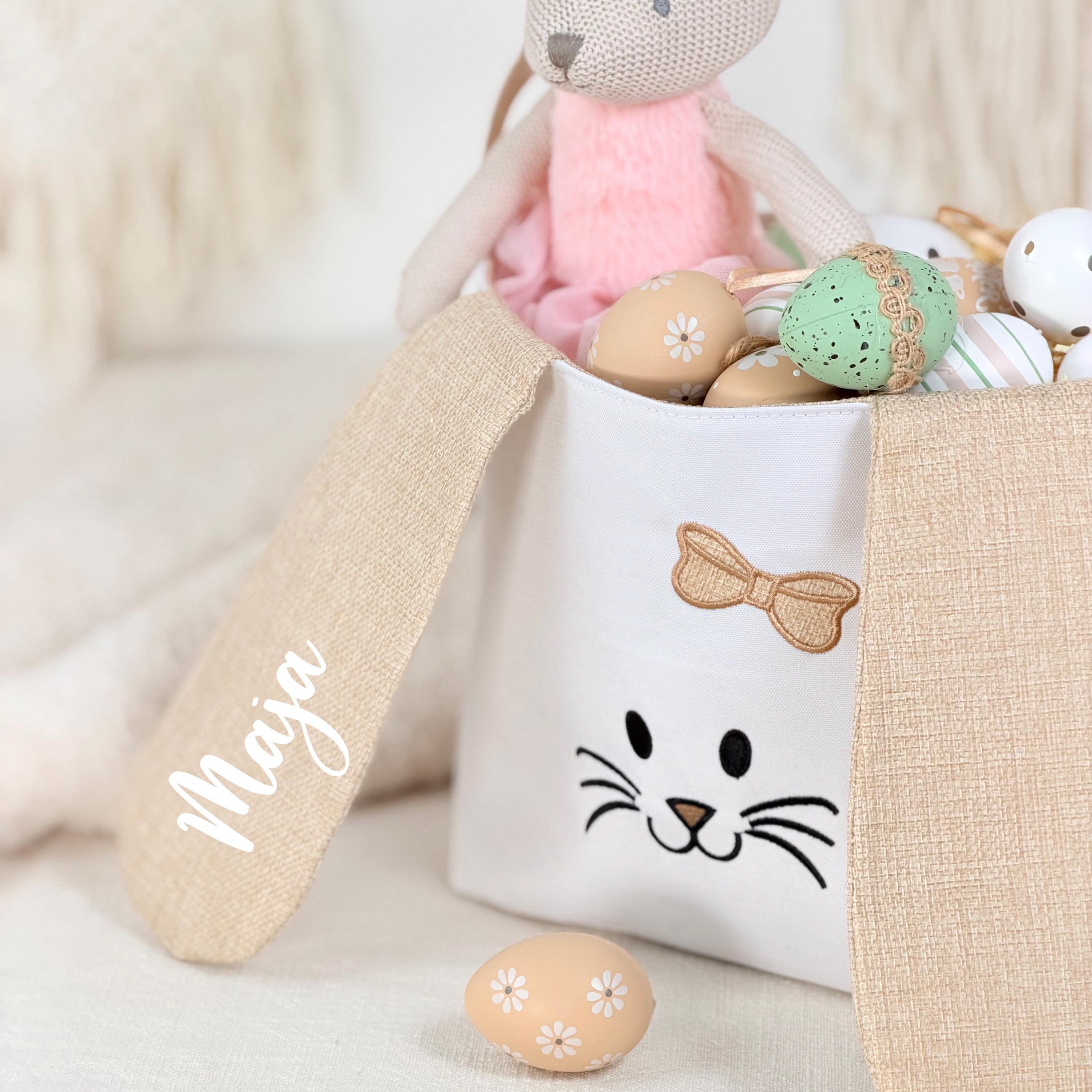 Hasenkorb personalisiert mit Namen des Kindes, ideal als Osterkorb Kinder für die traditionelle Eiersuche. Dieses Ostergeschenk für Kinder kombiniert süßes Design mit praktischer Funktion und ist perfekt zum Befüllen mit Ostereiern und kleinen Überraschungen.