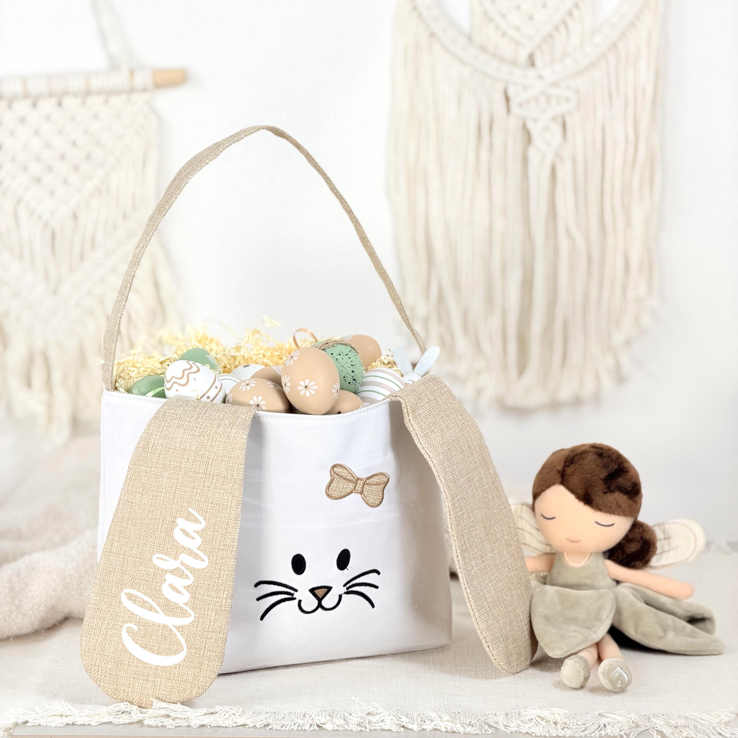 Osterkorb Mädchen mit Namen, personalisiertes Ostergeschenk Kinder im Hasen Design. Ideal für die Eiersuche Kinder im Garten oder Haus. Dieses Osterkörbchen ist dekorativ, praktisch und jedes Jahr wieder verwendbar.