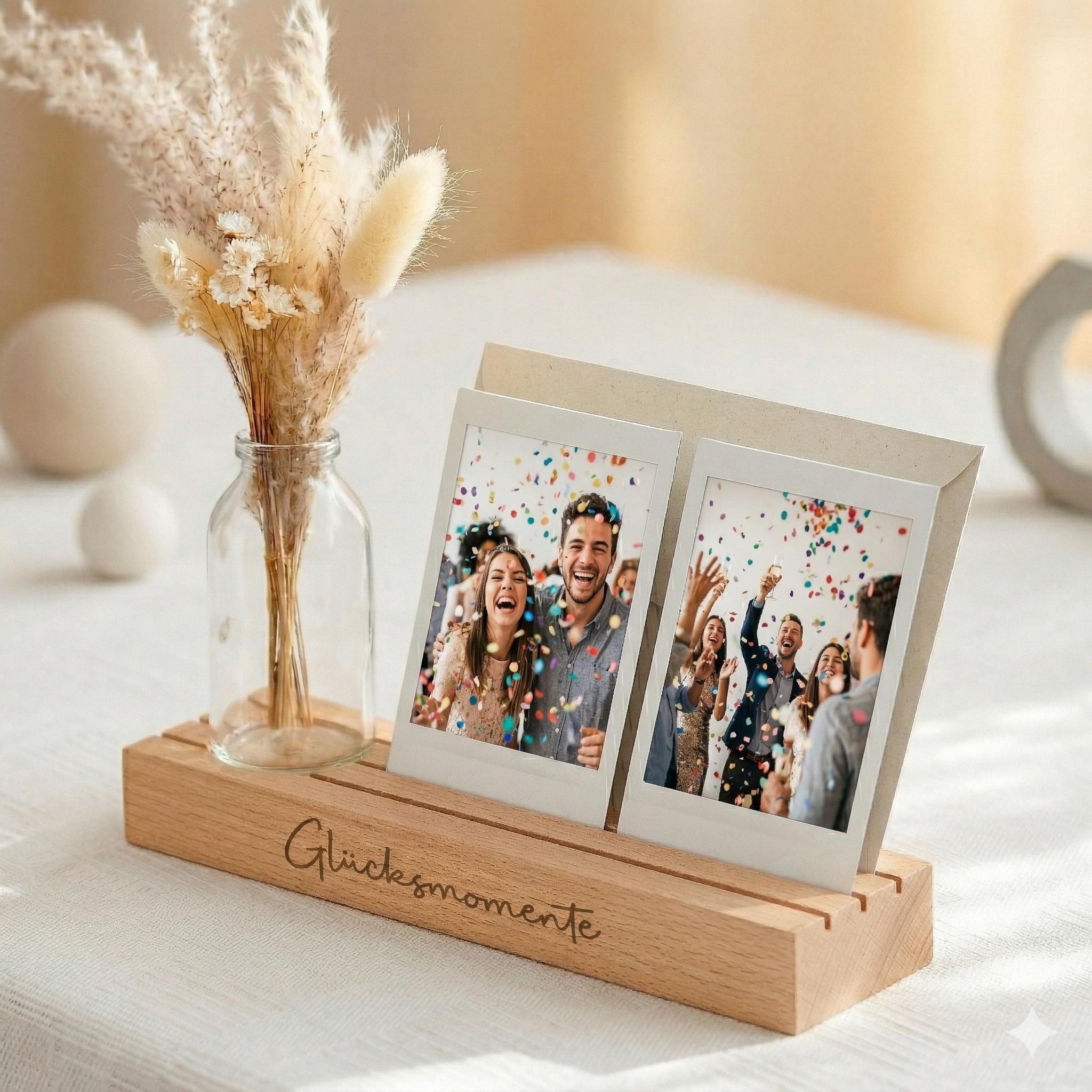 Kartenhalter personalisiert mit Gravur Glücksmomente und Vase mit Trockenblumen. Der Fotoständer personalisiert aus Buchenholz ist eine besondere Geschenkidee für Mama oder Oma. Ideal als Muttertag Geschenk oder Geburtstagsgeschenk Frau. Diese Fotoleiste mit Spruch kombiniert Bilderrahmen individuell mit Kerzenhalter und eignet sich perfekt als Tischdeko Geburtstag oder dekorativer Holzaufsteller.