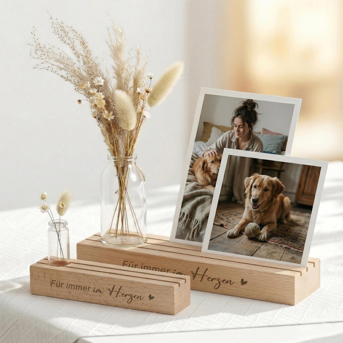 Fotohalter personalisiert als Trauergeschenk individuell mit Vase und Trockenblumen. Diese Bilderleiste Bilderrahmen aus Buchenholz mit Gravur „Für immer im Herzen“ dient als Kondolenzgeschenk Beileid und Geschenk Anteilnahme. Der Kartenhalter personalisiert eignet sich als Gedenkseite für Fotos und Erinnerungen. Kerzenhalter für Gedenkkerze macht das Geschenkset Beileid Erinnerung zu einer würdevollen Dekoration für Beerdigung oder Trauerfall.