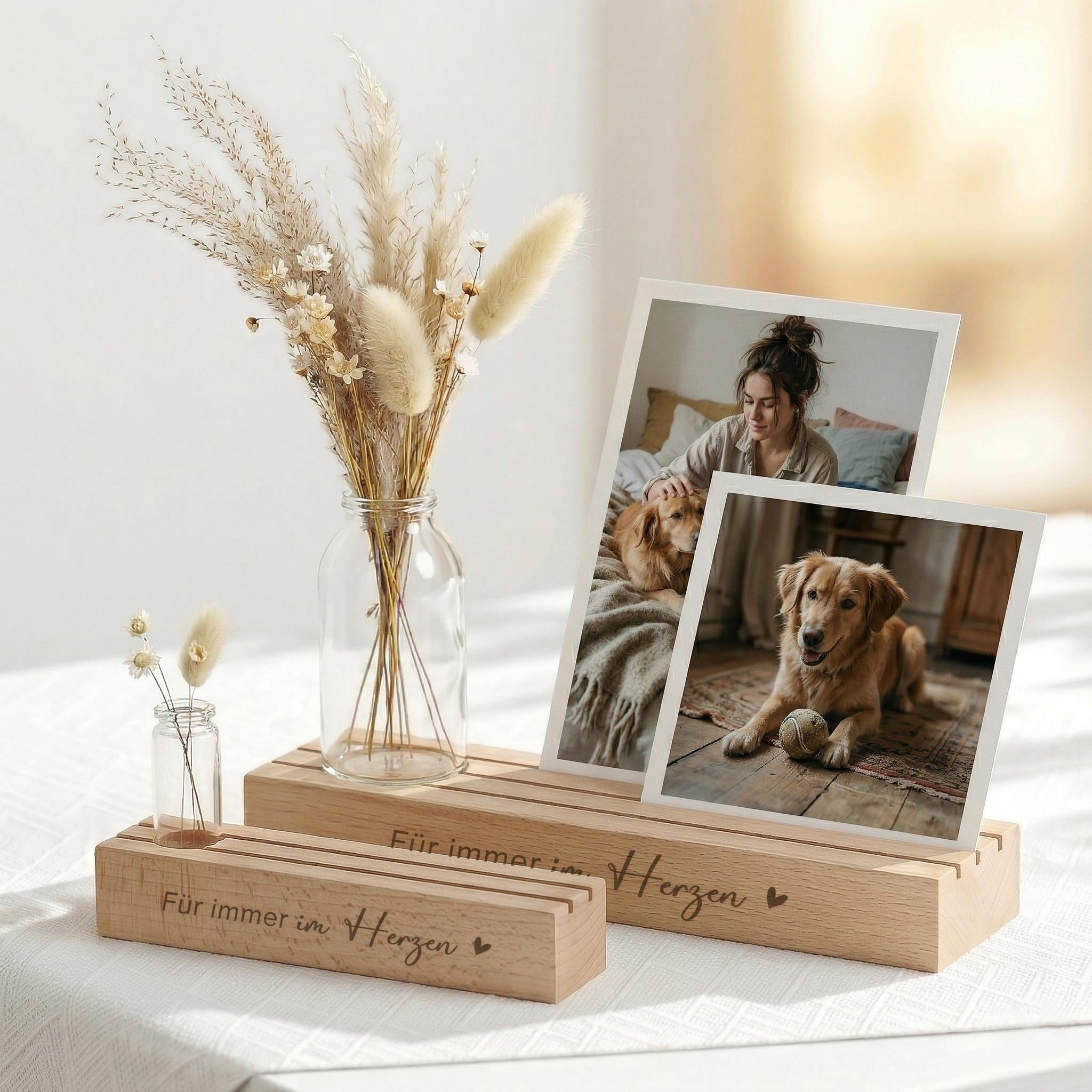Fotohalter personalisiert als Trauergeschenk individuell mit Vase und Trockenblumen. Diese Bilderleiste Bilderrahmen aus Buchenholz mit Gravur „Für immer im Herzen“ dient als Kondolenzgeschenk Beileid und Geschenk Anteilnahme. Der Kartenhalter personalisiert eignet sich als Gedenkseite für Fotos und Erinnerungen. Kerzenhalter für Gedenkkerze macht das Geschenkset Beileid Erinnerung zu einer würdevollen Dekoration für Beerdigung oder Trauerfall.