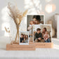 Fotoständer personalisiert als Kartenhalter mit Vase und Trockenblumen. Diese Bilderleiste aus Buchenholz mit Gravur ist eine besondere Geschenkidee für Mama oder Oma. Perfekt als Muttertagsgeschenk oder Geburtstagsgeschenk Mama. Die Fotoleiste mit Spruch präsentiert Familienfotos stilvoll und eignet sich als dekorativer Kartenständer für Zuhause.