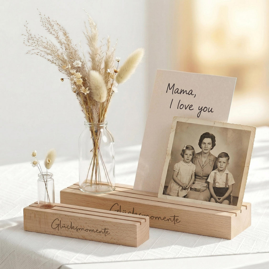 Kartenhalter personalisiert mit Vase und Trockenblumen aus Buchenholz, dekorativer Fotohalter mit Gravur Glücksmomente. Diese Bilderleiste individuell gestaltet eignet sich perfekt als Geschenk für Mama oder Oma. Ideal als Muttertag Geschenk oder Geburtstagsgeschenk für Frauen. Der Kartenständer mit Gravur präsentiert Fotos, Karten und liebe Botschaften stilvoll und dient gleichzeitig als Kerzenhalter und Tischdeko Geburtstag mit natürlicher Holzoptik.