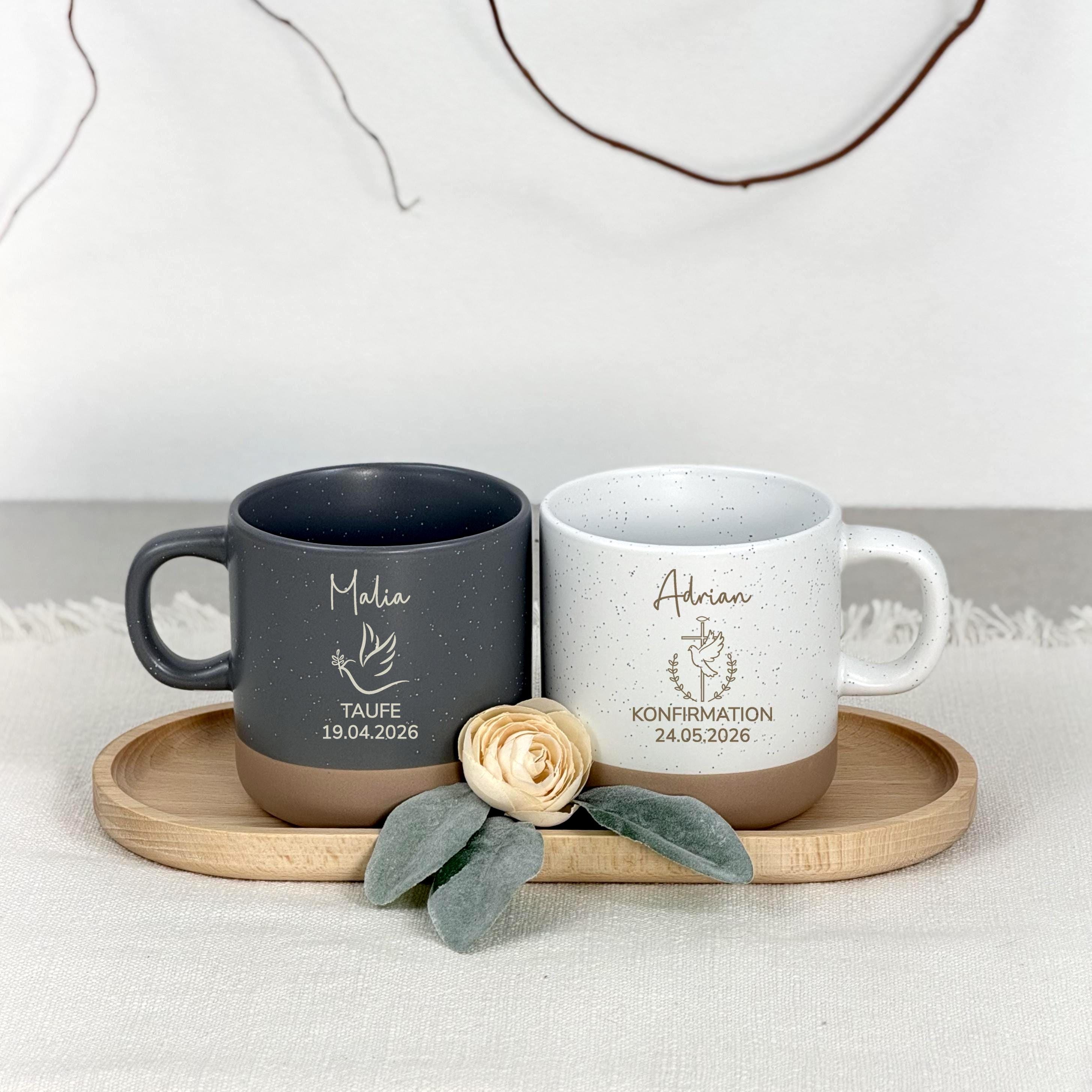 Tasse personalisiert mit Name als Geschenk zur Kommunion für Mädchen oder Jungen. Diese Keramiktasse mit Datum und Gravur ist ideal als Erstkommunion Geschenk, Firmung Geschenk oder Konfirmation Geschenk mit persönlicher Gestaltung.