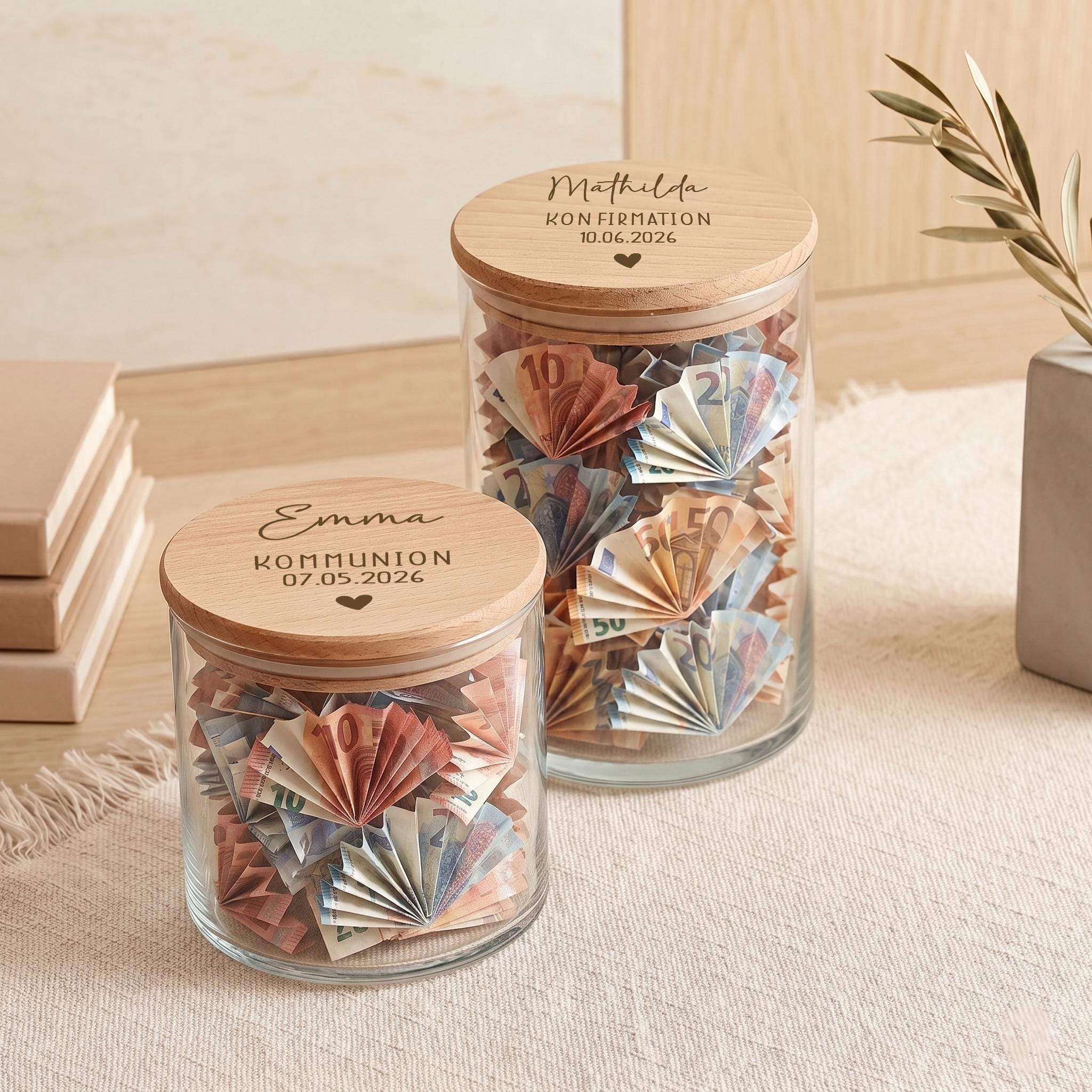 Konfirmation personalisiert mit Name als stilvolles Vorratsglas. Eine originelle Geschenkidee für Jungen oder Mädchen zum Befüllen mit Geld, Süßigkeiten oder kleinen Botschaften zu einem besonderen Anlass.