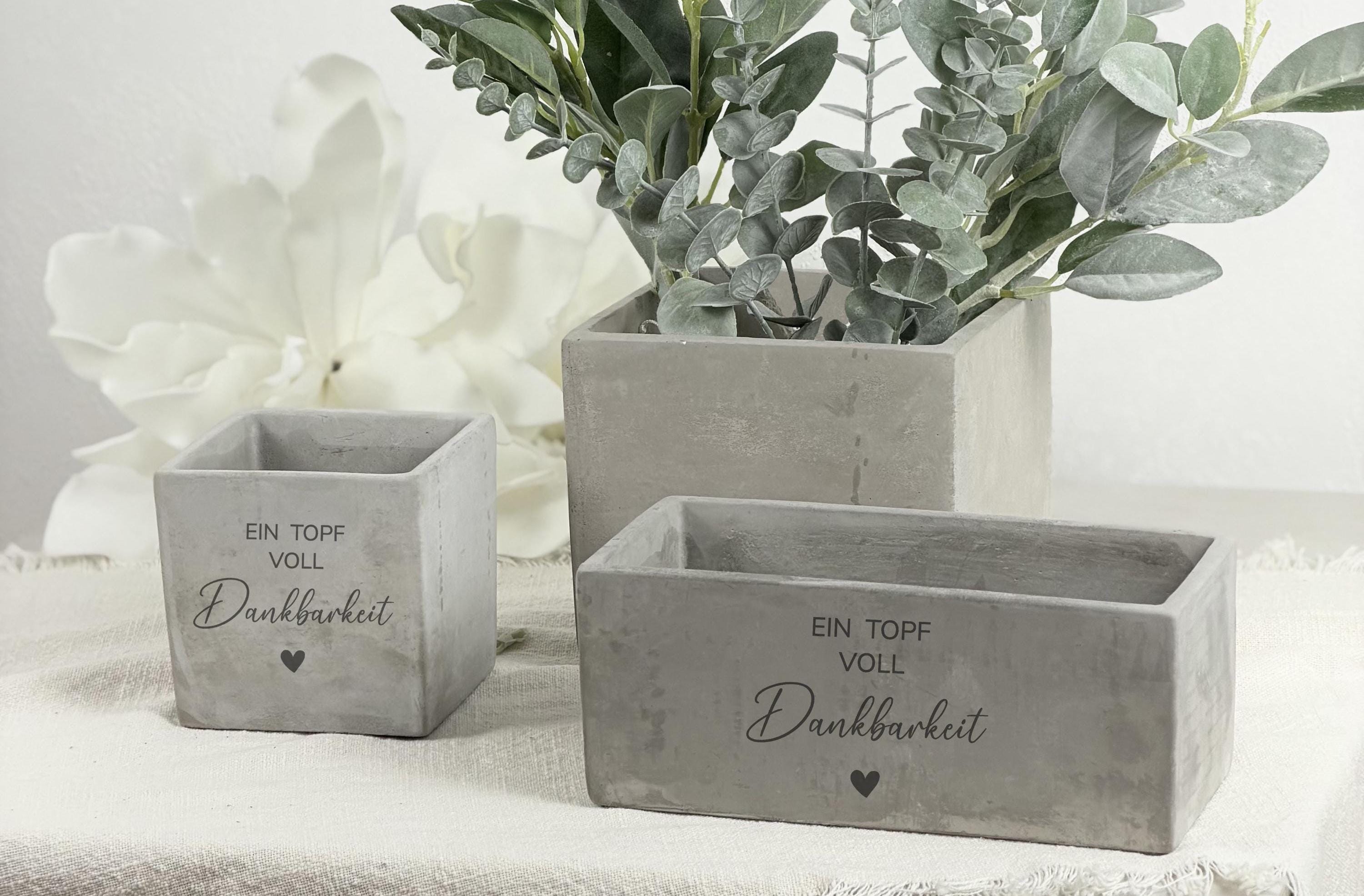 Detailaufnahme eines individuell gestalteten Blumentopfs in Betonoptik mit personalisiertem Spruch für Lehrerin, Erzieherin oder Tagesmutter. Ideal als Dankeschön zum Schulende, Kita-Abschied oder Weihnachten. Hochwertige Keramik, modernes Design, geeignet für Kakteen, Kräuter oder Zimmerpflanzen. Perfekt als Geschenkidee für Kindergarten und Schule.