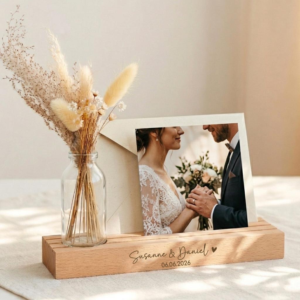 Personalisiertes Hochzeitsgeschenk aus hochwertigem Holz mit individueller Gravur der Namen des Brautpaares, dekorativer Glasvase für Trockenblumen und praktischem Kartenhalter für Hochzeitsfotos, Glückwunschkarten oder Geldgeschenke zur Hochzeit.