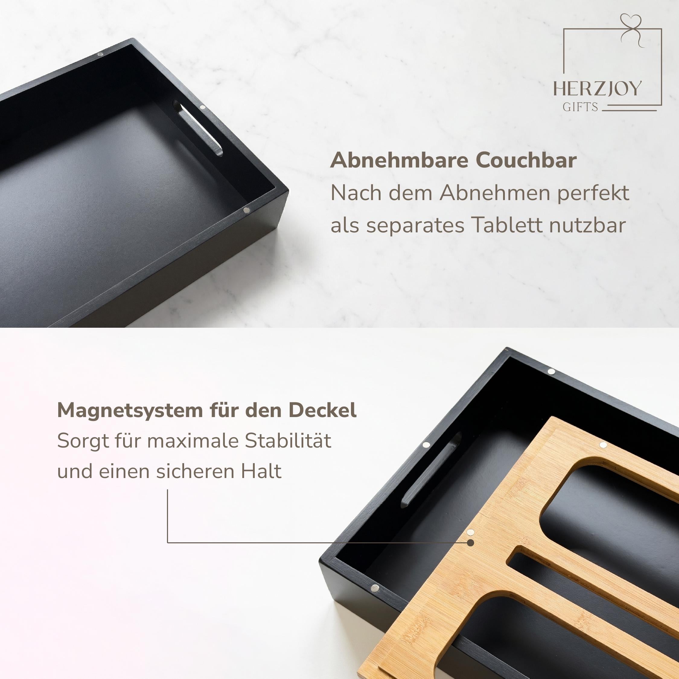 Romantisches Hochzeitsgeschenk mit gravierter Couchbar aus Holz und zwei Gläsern, das dem Brautpaar noch lange nach der Hochzeit Freude bereitet und täglich genutzt werden kann.