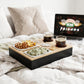 Stilvolle Couchbar aus Holz mit Wunschgravur und Glashalterungen, die Snacks und Getränke griffbereit hält und für eine gemütliche Atmosphäre im Wohnzimmer sorgt.