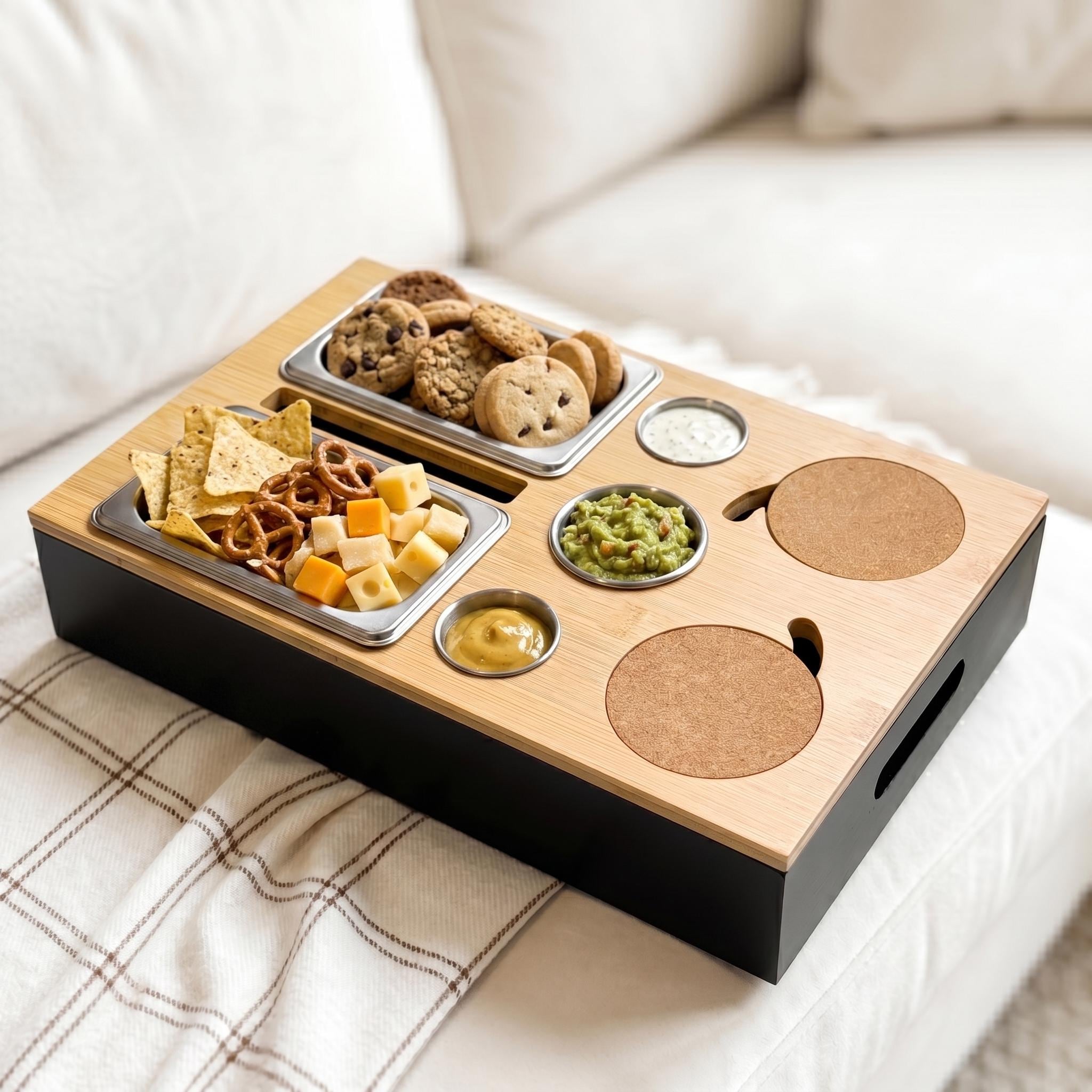 Personalisierte Sofa-Bar mit zwei Gläsern und hochwertiger Gravur, eine kreative Geschenkidee für Paare, frisch Verheiratete oder langjährige Partner zum Hochzeitstag.