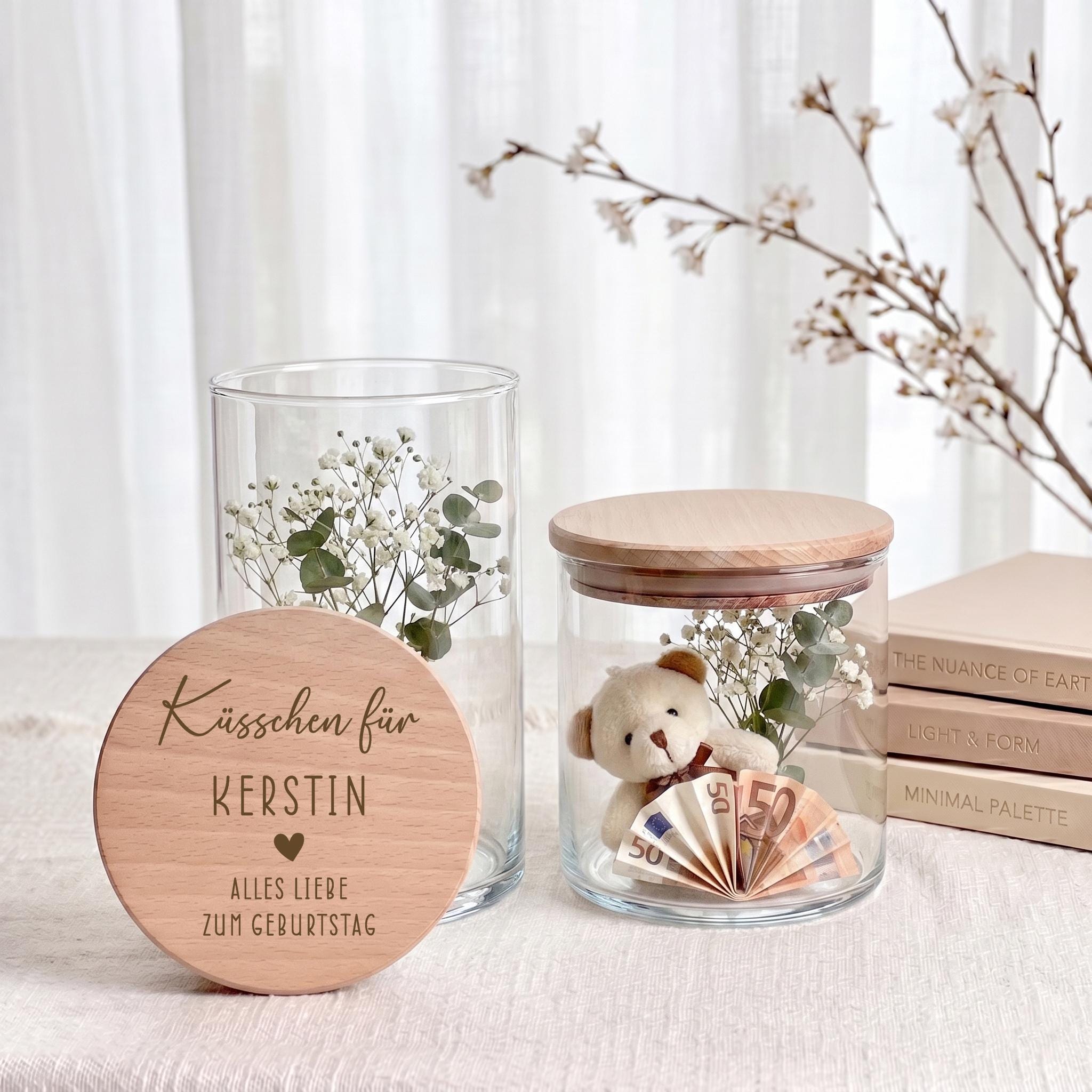 Vorratsglas personalisiert mit Wunschname, individuelles Geburtstagsgeschenk für Frauen und Freundinnen, dekoratives Glas für Schokolade, Süßigkeiten, Geldgeschenke oder persönliche Botschaften