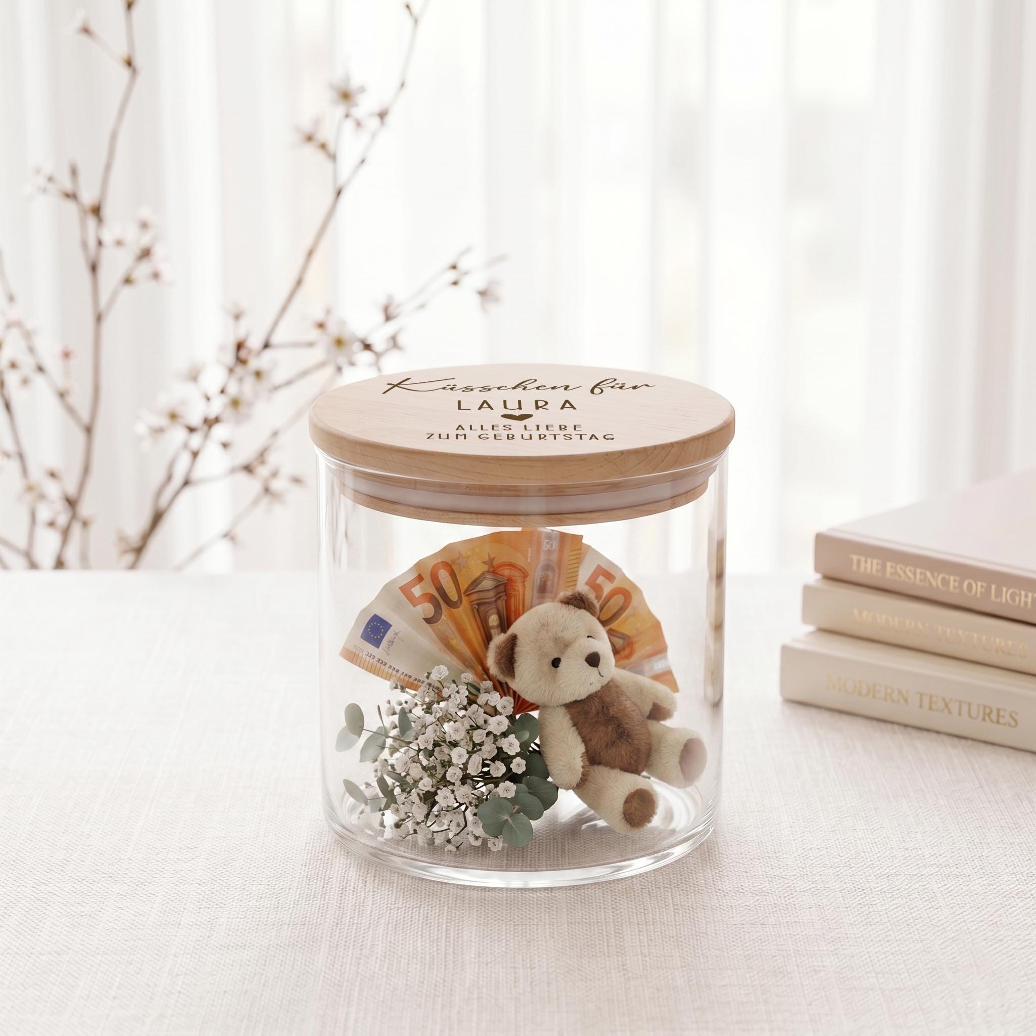 Geburtstagsgeschenk für Frauen mit persönlicher Gravur, individuelles Vorratsglas mit Wunschname, perfekt für Süßigkeiten, Schokolade, Geldscheine oder kleine Botschaften