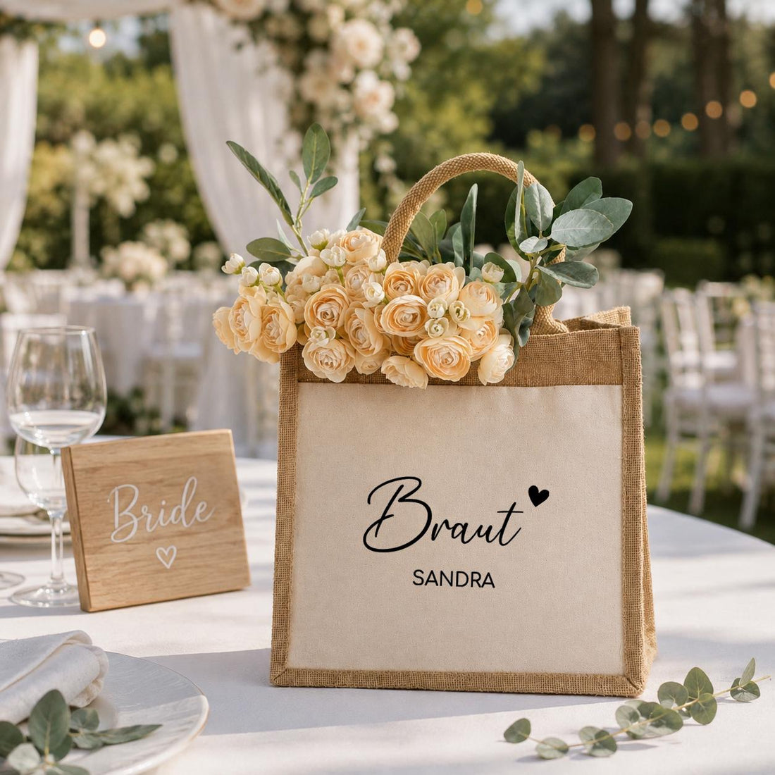 Personalisierte Jute Tasche mit Wunschname als liebevolles Trauzeugin Geschenk, perfekt für den Junggesellinnenabschied, die Hochzeit und als stilvolle Erinnerung für die Braut oder Brautjungfer.
