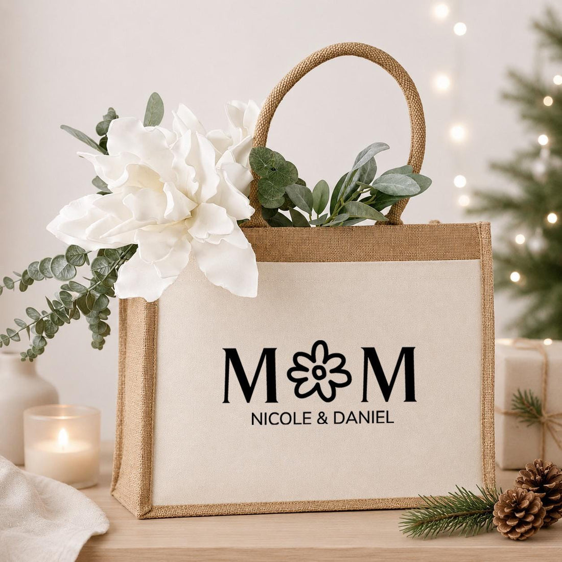 Personalisierte Jutetasche für Mama mit individuellem Wunschdesign und Namen, liebevolles Geburtstagsgeschenk für Mama und praktische Geschenkidee zu Weihnachten oder zum Muttertag.