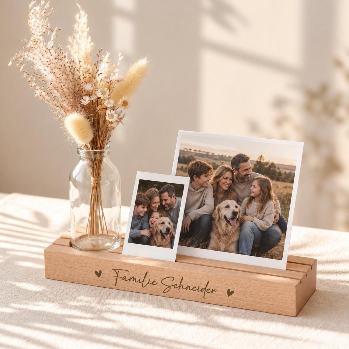 Personalisierter Kartenständer aus Holz mit graviertem Familiennamen und Platz für ein Familienfoto. Eine stilvolle Dekoration für das Zuhause und eine liebevolle Geschenkidee zum Einzug, zur Hochzeit oder als Weihnachtsgeschenk für die ganze Familie.