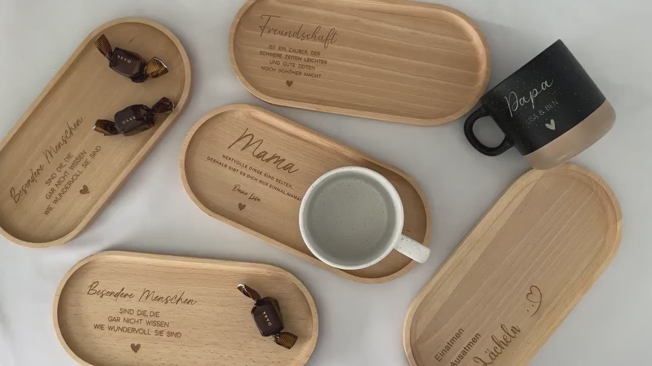 Geschenkidee Set Tasse Tablett | Mama Keramiktasse mit Kindername | Steingut Tasse | Holztablett Danke Mama Gravur | Weihnachtsgeschenk Mama